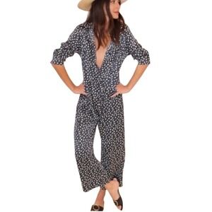 Something Navy Floral Satin Wide Leg Jumpsuit Medium